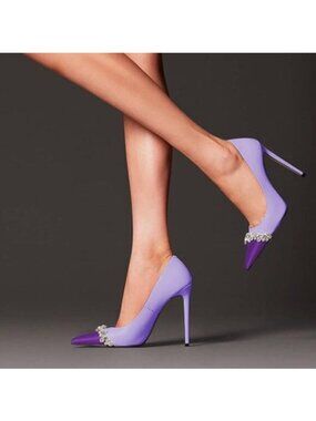 FYS Purple Rhinestones Patchwork Pointed Cap Toe Pumps Stiletto High Heel Shoes